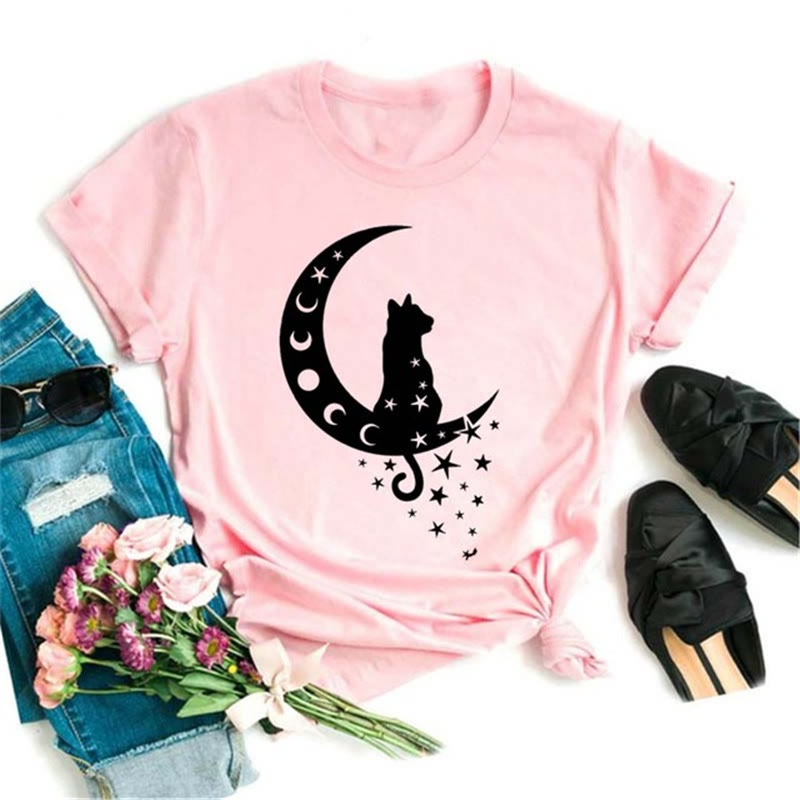 Camiseta Olivenorma de poliéster con estampado de loto y luna negra en rosa