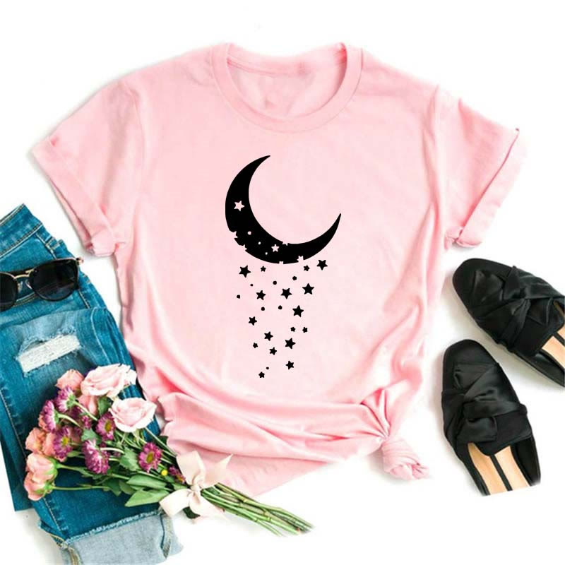Camiseta Olivenorma de poliéster con estampado de loto y luna negra en rosa