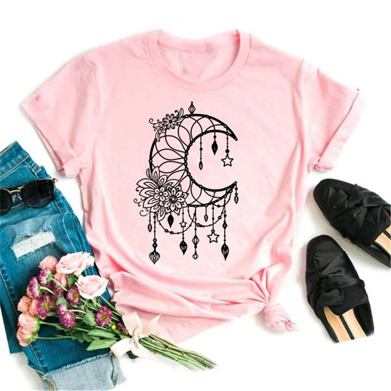 Camiseta Olivenorma de poliéster con estampado de loto y luna negra en rosa