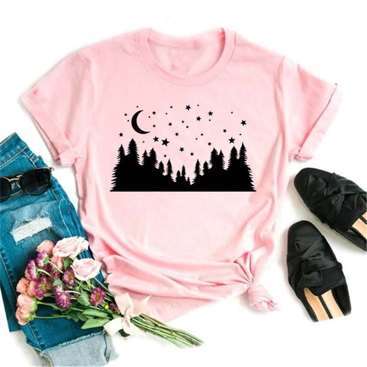 Camiseta Olivenorma de poliéster con estampado de loto y luna negra en rosa