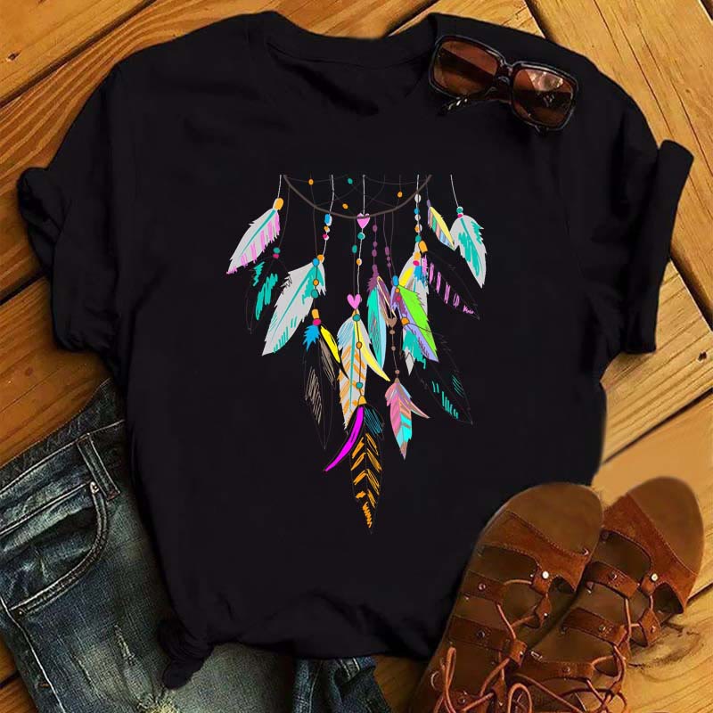 Camiseta negra con estampado de atrapasueños de algodón Olivenorma