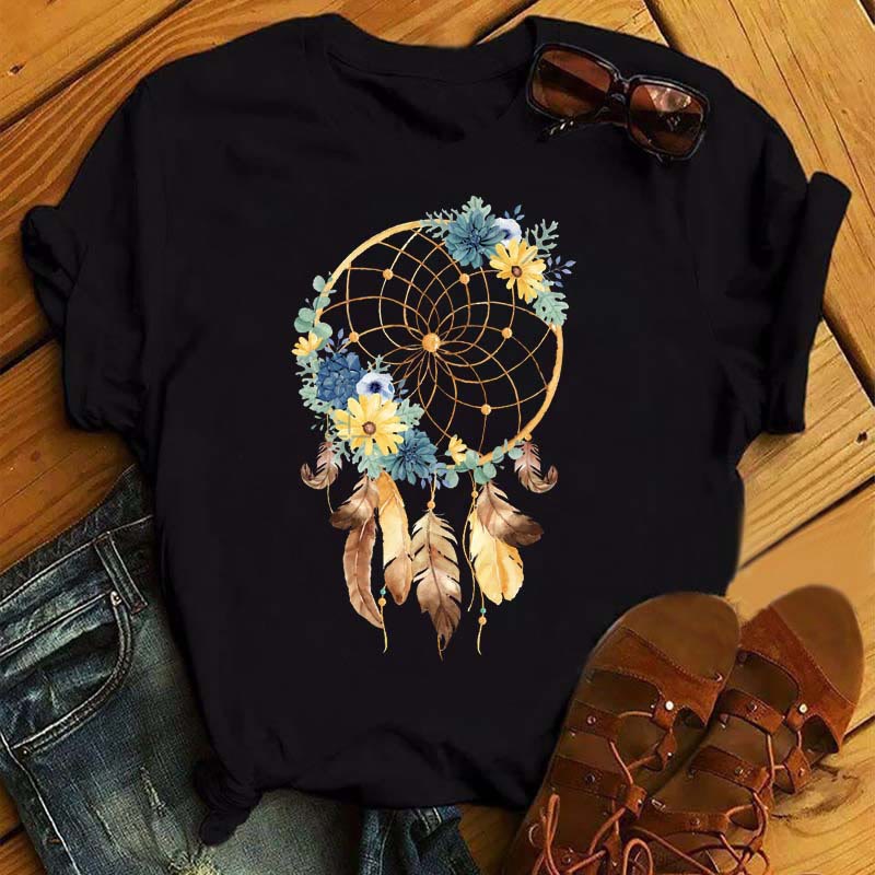 Camiseta negra con estampado de atrapasueños de algodón Olivenorma