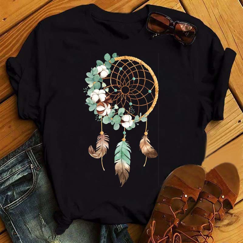 Camiseta negra con estampado de atrapasueños de algodón Olivenorma