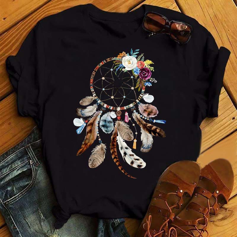 Camiseta negra con estampado de atrapasueños de algodón Olivenorma