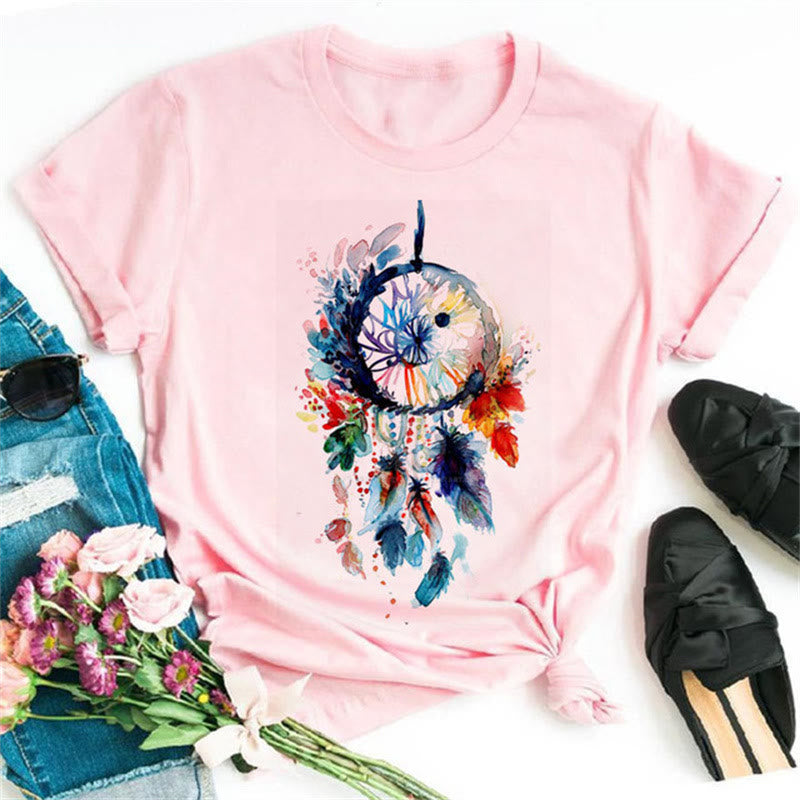 Camiseta rosa con estampado de atrapasueños de modal de Olivenorma