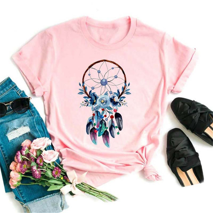 Camiseta rosa con estampado de atrapasueños de modal de Olivenorma
