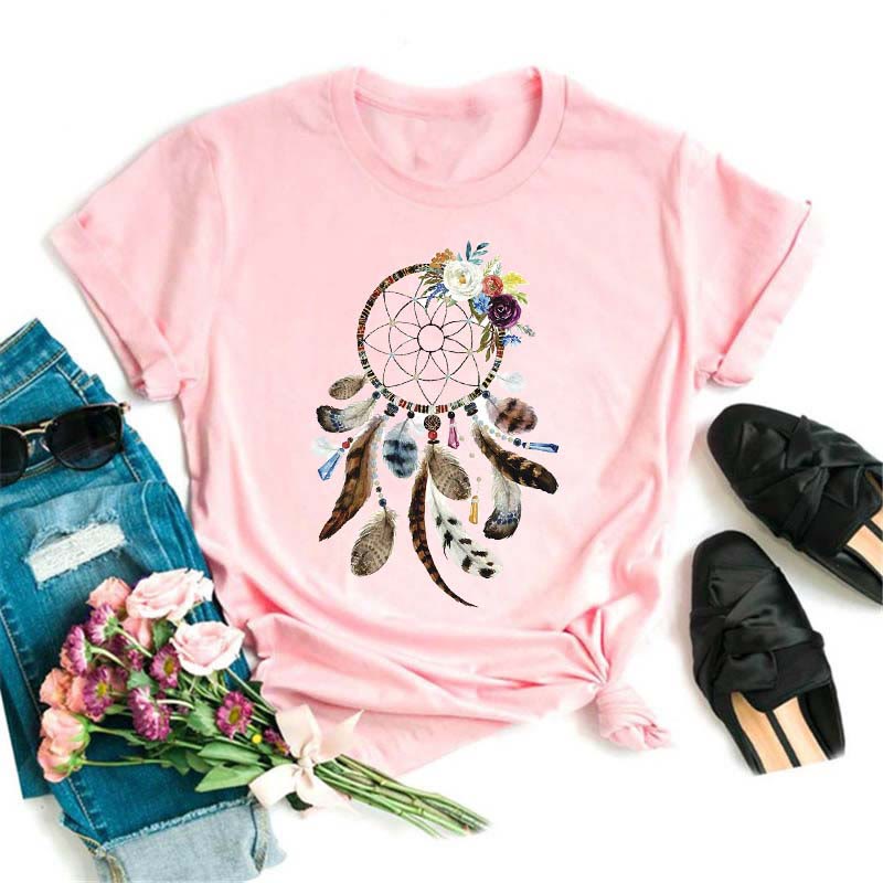 Camiseta rosa con estampado de atrapasueños de modal de Olivenorma