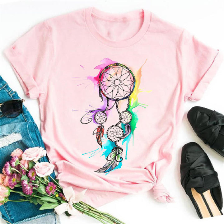 Camiseta rosa con estampado de atrapasueños de modal de Olivenorma