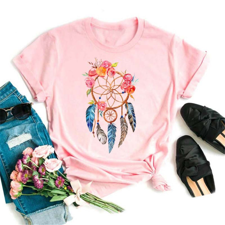 Camiseta rosa con estampado de atrapasueños de modal de Olivenorma