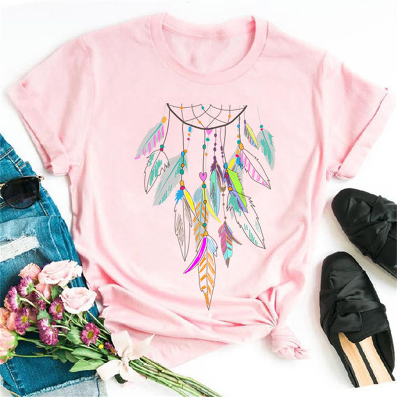 Camiseta rosa con estampado de atrapasueños de modal de Olivenorma