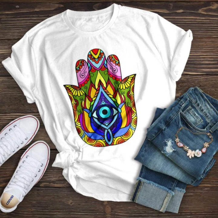 Camiseta de algodón Olivenorma con estampado de ojo malvado de Hamsa