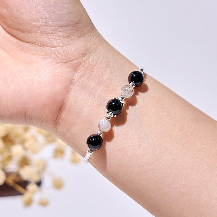 Pulsera de aleación con cuentas de labradorita y obsidiana de Olivenorma