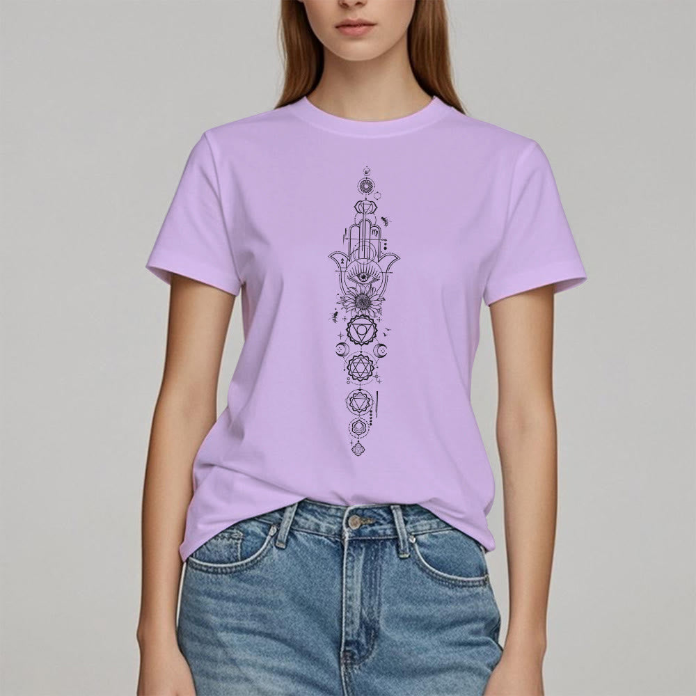 Camiseta de meditación con protección del chakra del ojo malvado de Olivenorma Hamsa