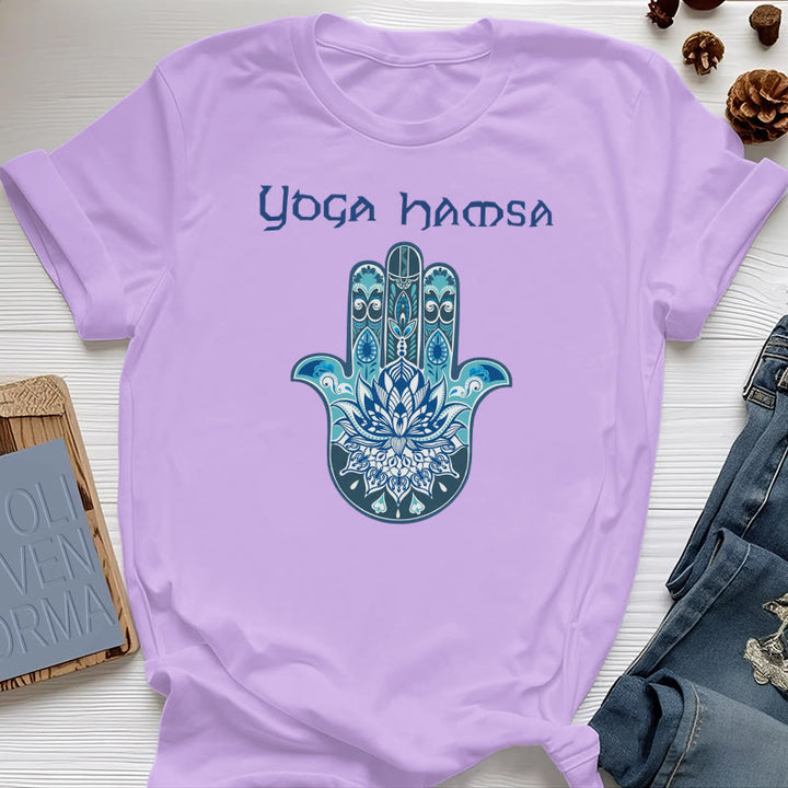 Camiseta cómoda con estampado de hamsa de yoga azul Olivenorma