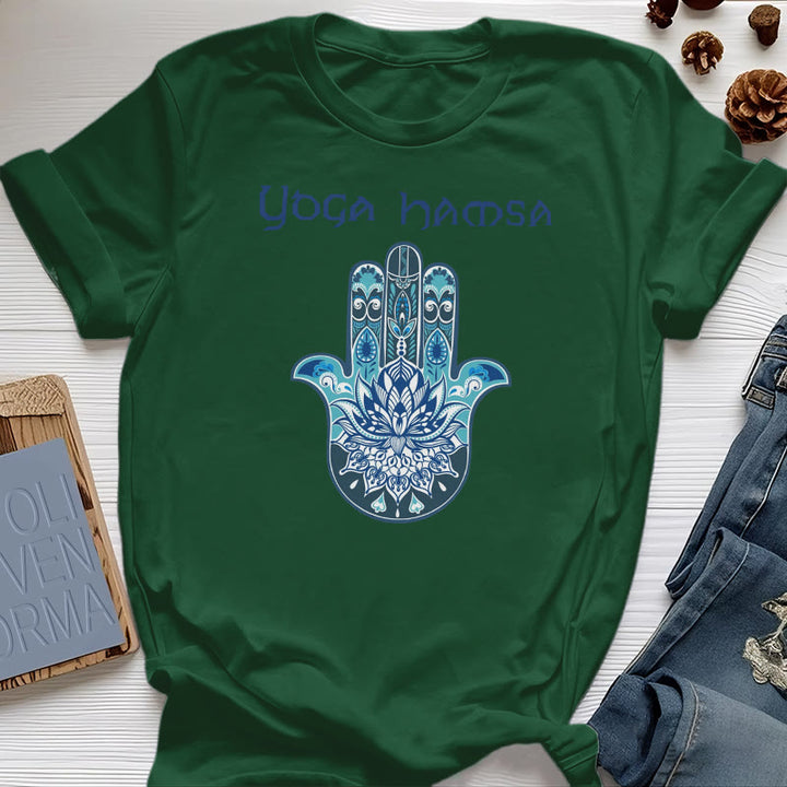 Camiseta cómoda con estampado de hamsa de yoga azul Olivenorma