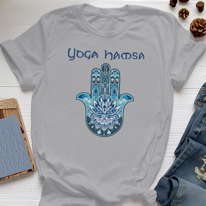 Camiseta cómoda con estampado de hamsa de yoga azul Olivenorma