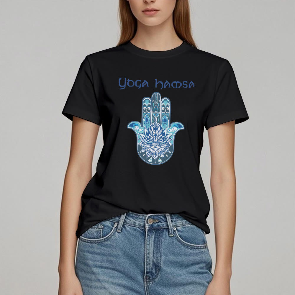 Camiseta cómoda con estampado de hamsa de yoga azul Olivenorma