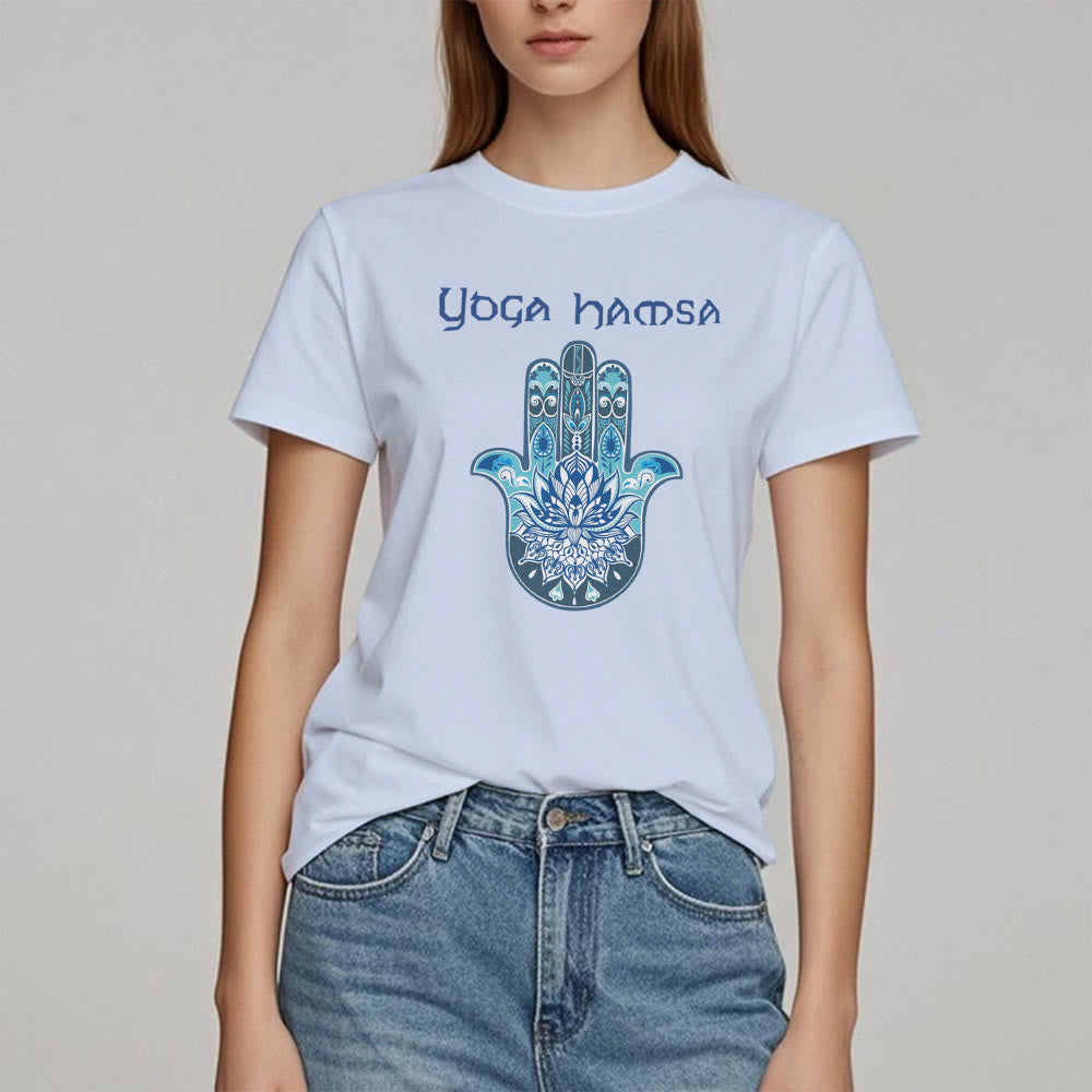 Camiseta cómoda con estampado de hamsa de yoga azul Olivenorma
