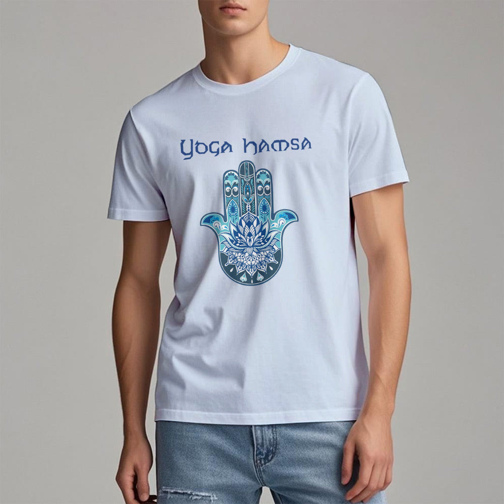 Camiseta cómoda con estampado de hamsa de yoga azul Olivenorma
