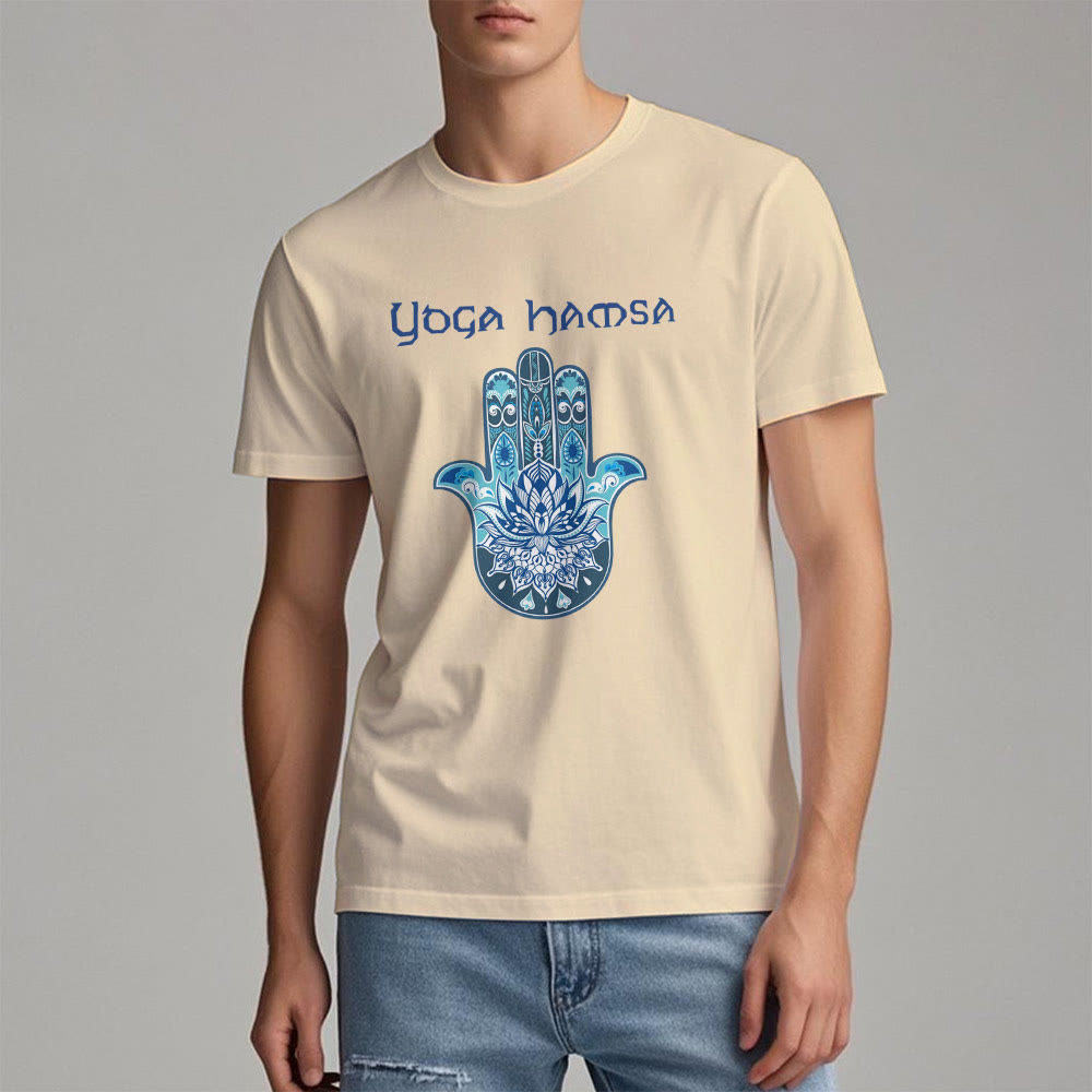 Camiseta cómoda con estampado de hamsa de yoga azul Olivenorma