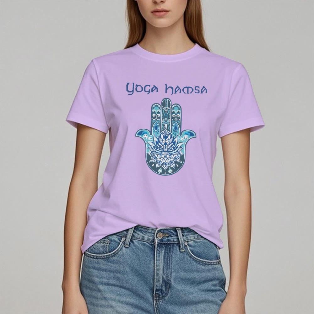 Camiseta cómoda con estampado de hamsa de yoga azul Olivenorma