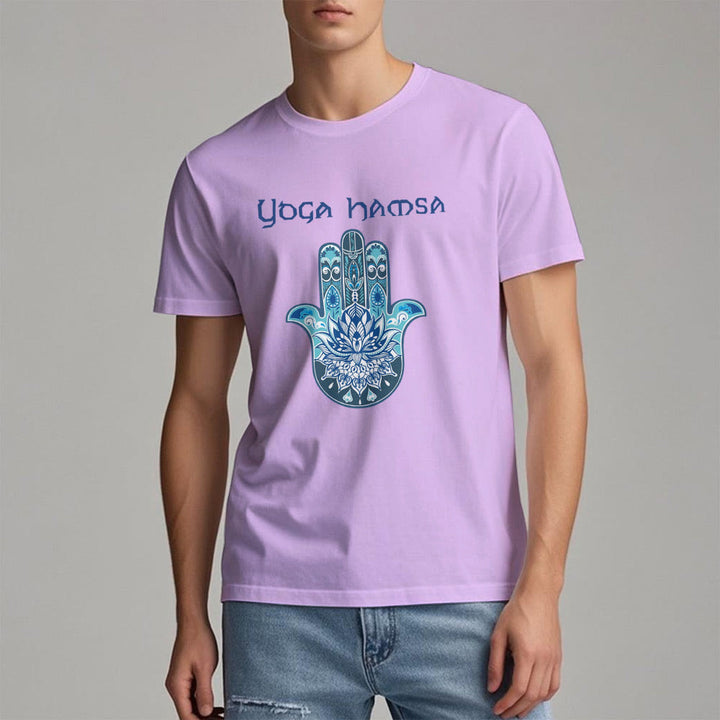 Camiseta cómoda con estampado de hamsa de yoga azul Olivenorma