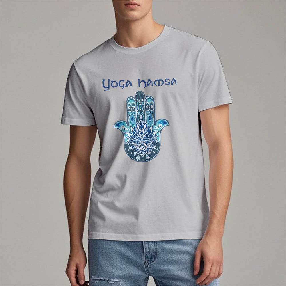 Camiseta cómoda con estampado de hamsa de yoga azul Olivenorma