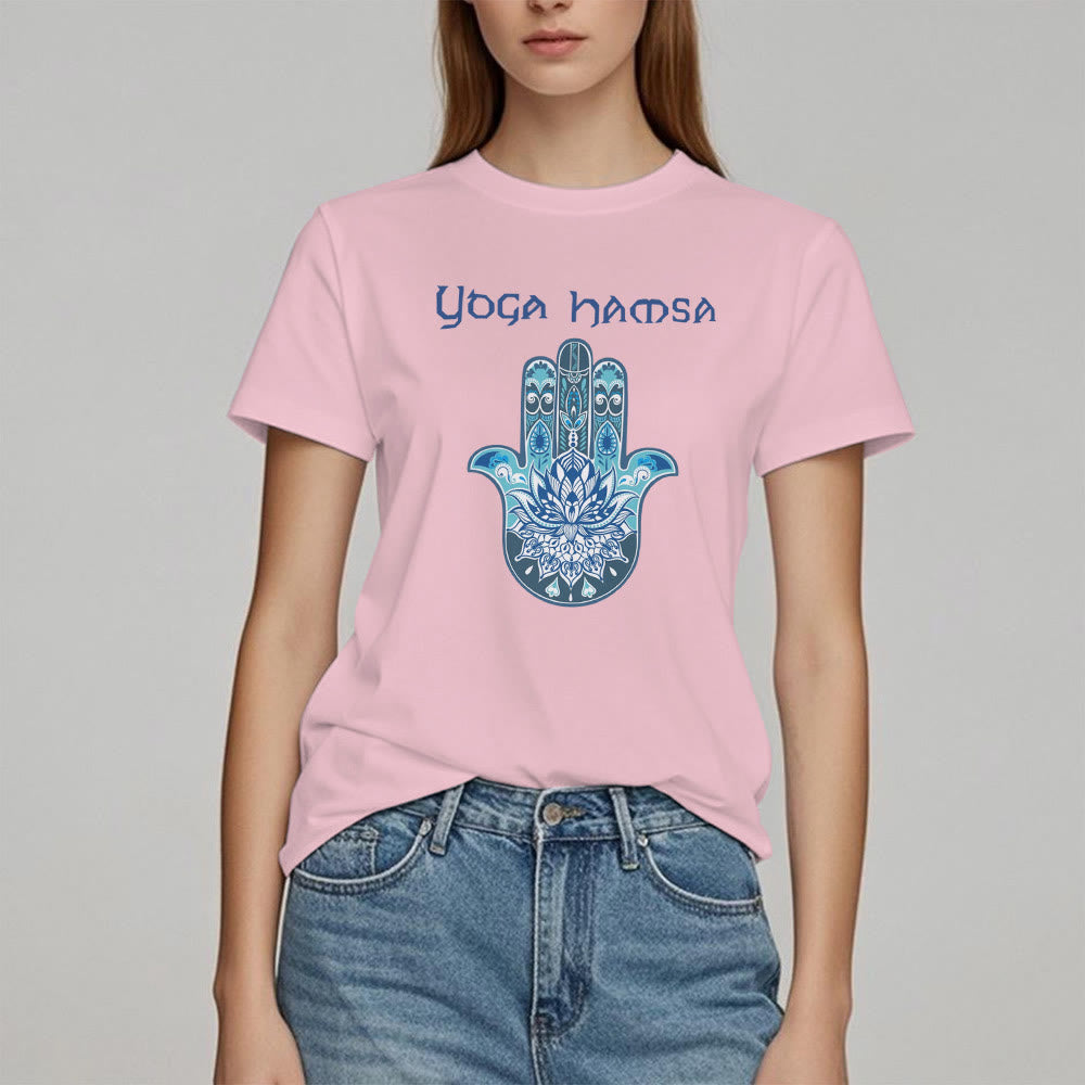 Camiseta cómoda con estampado de hamsa de yoga azul Olivenorma