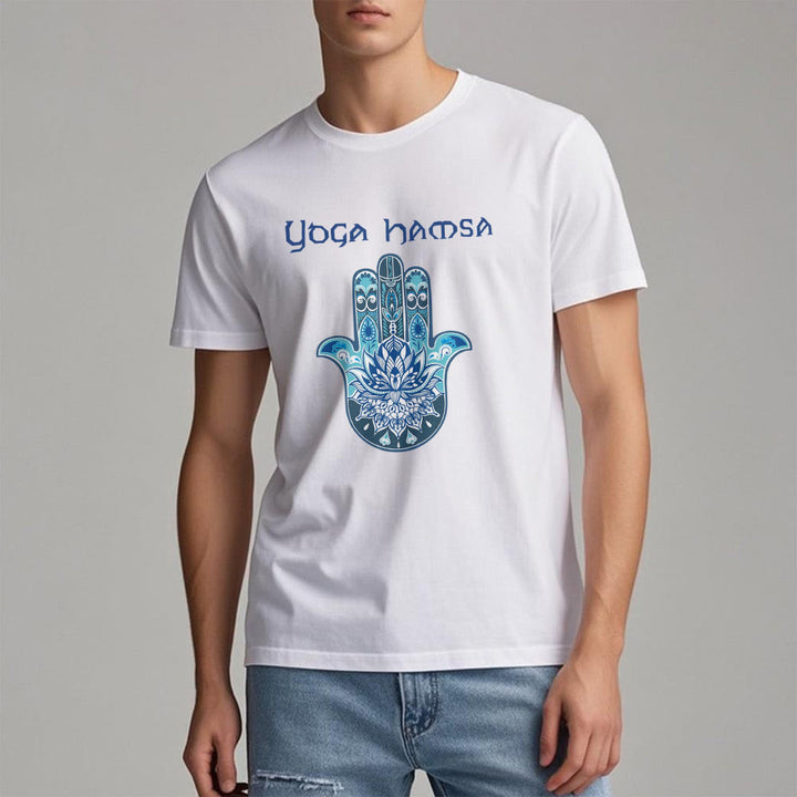 Camiseta cómoda con estampado de hamsa de yoga azul Olivenorma