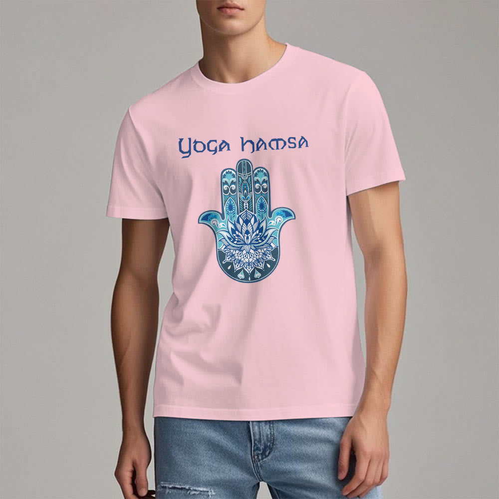 Camiseta cómoda con estampado de hamsa de yoga azul Olivenorma