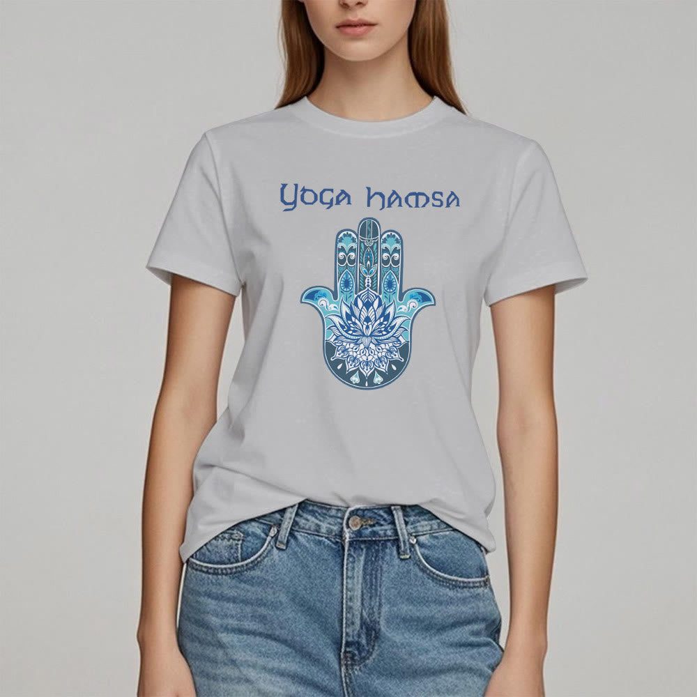 Camiseta cómoda con estampado de hamsa de yoga azul Olivenorma