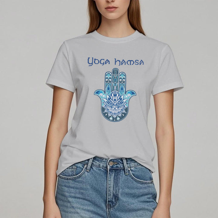 Camiseta cómoda con estampado de hamsa de yoga azul Olivenorma