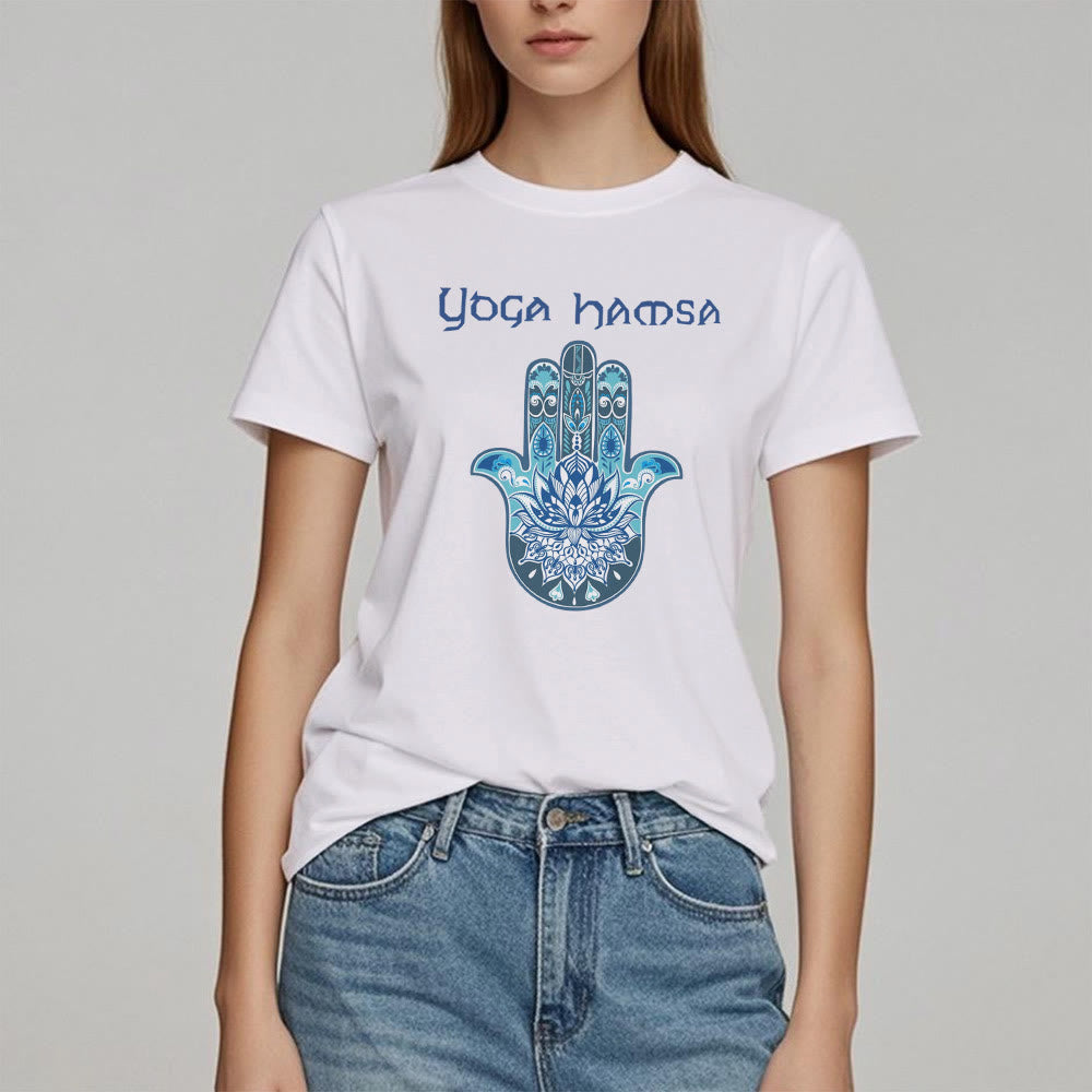 Camiseta cómoda con estampado de hamsa de yoga azul Olivenorma