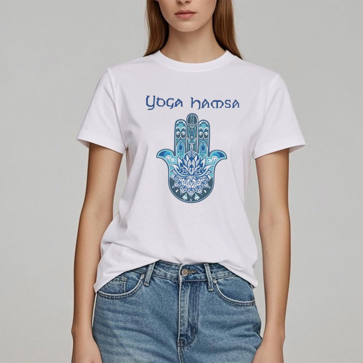 Camiseta cómoda con estampado de hamsa de yoga azul Olivenorma