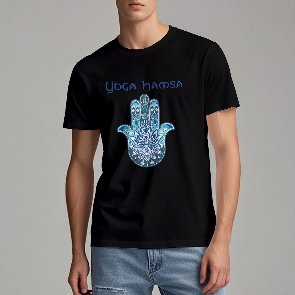 Camiseta cómoda con estampado de hamsa de yoga azul Olivenorma