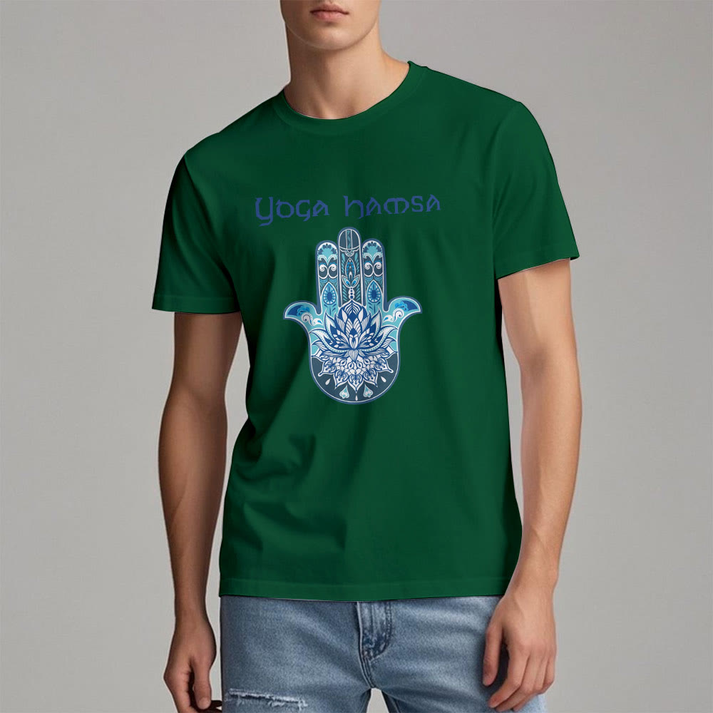 Camiseta cómoda con estampado de hamsa de yoga azul Olivenorma