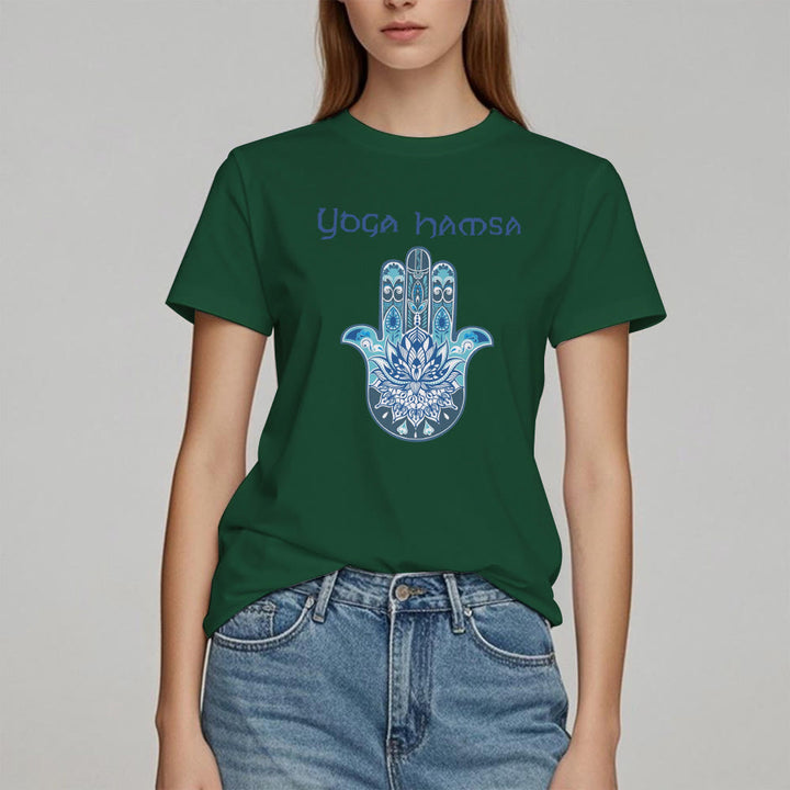 Camiseta cómoda con estampado de hamsa de yoga azul Olivenorma