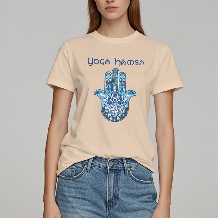 Camiseta cómoda con estampado de hamsa de yoga azul Olivenorma