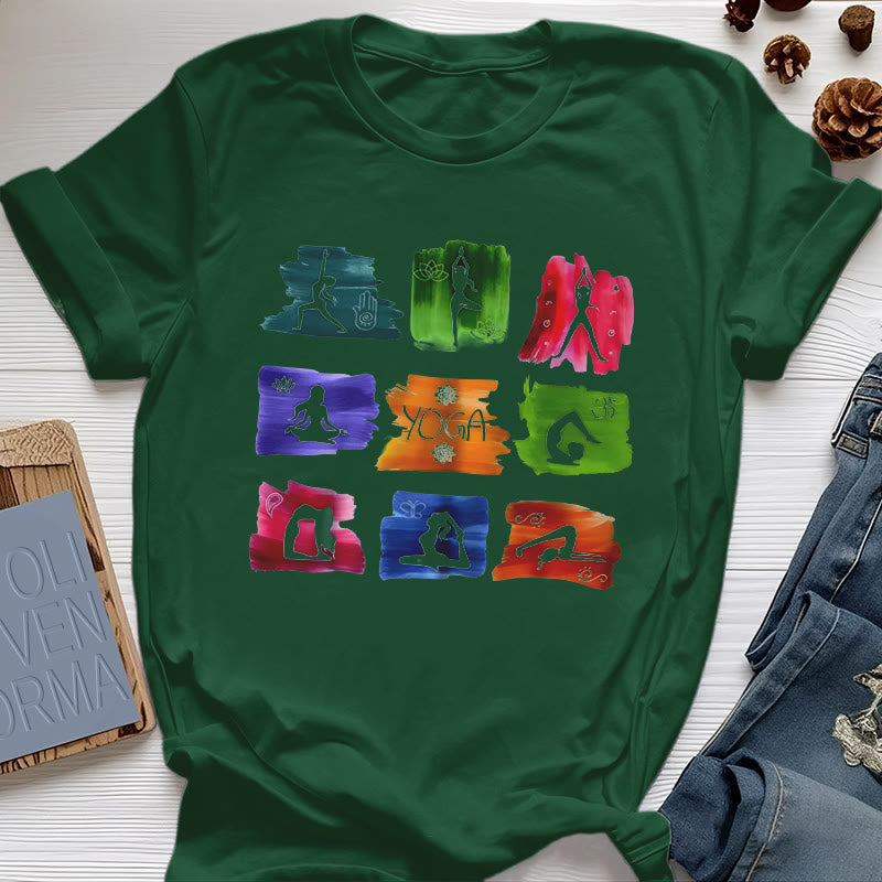 Camiseta con estampado colorido de poses de yoga de Olivenorma