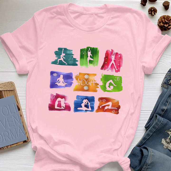 Camiseta con estampado colorido de poses de yoga de Olivenorma