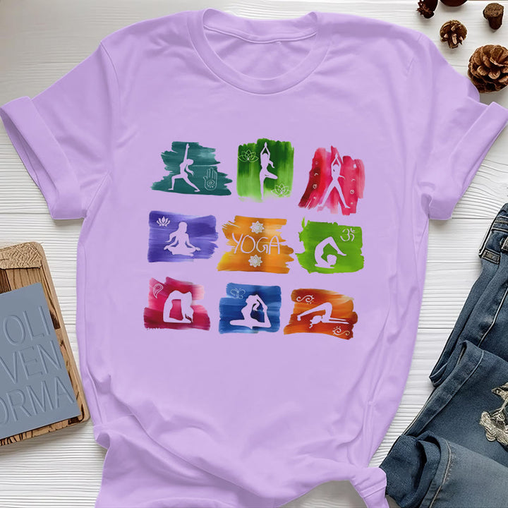 Camiseta con estampado colorido de poses de yoga de Olivenorma