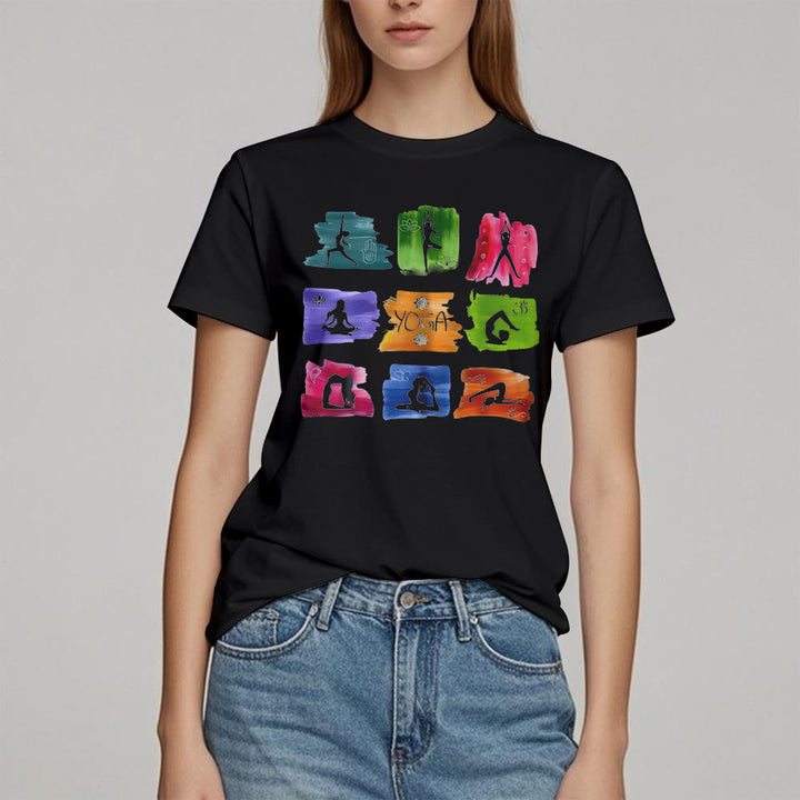 Camiseta con estampado colorido de poses de yoga de Olivenorma
