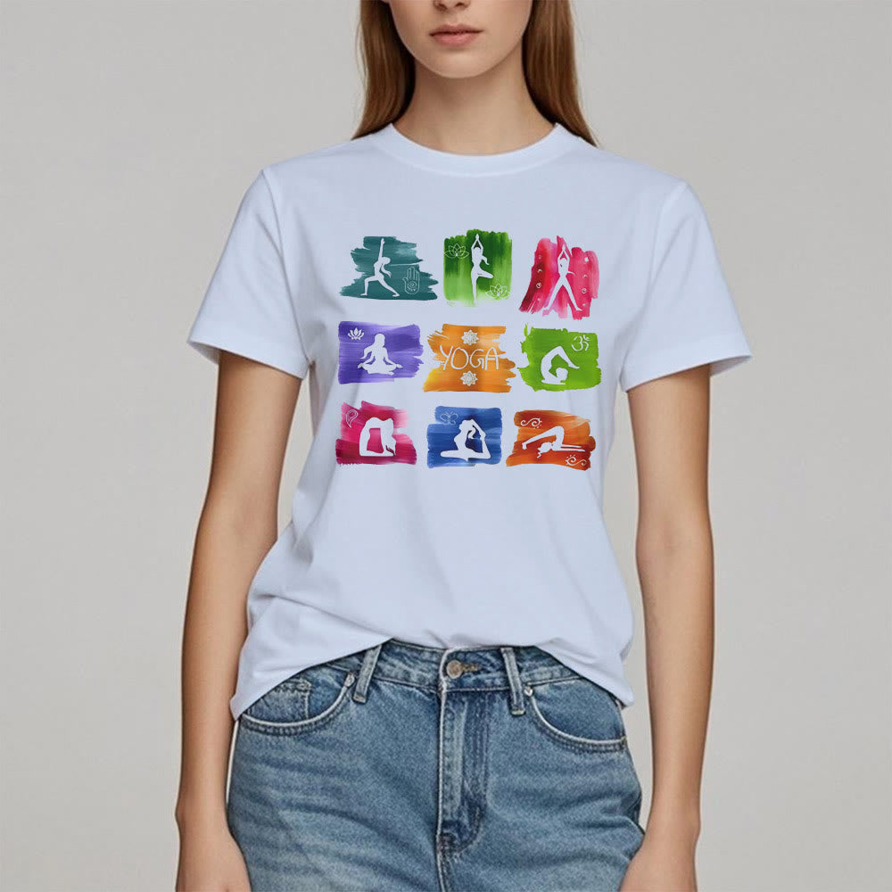Camiseta con estampado colorido de poses de yoga de Olivenorma
