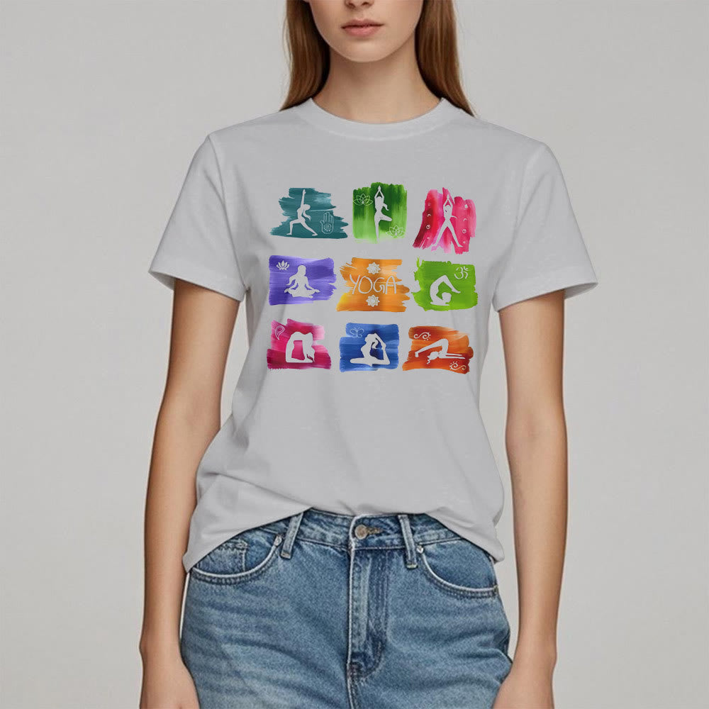 Camiseta con estampado colorido de poses de yoga de Olivenorma
