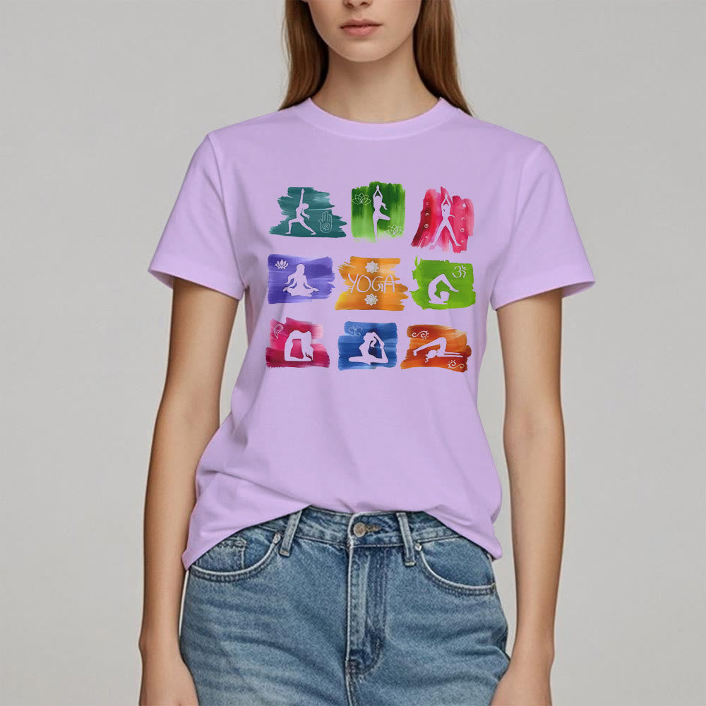 Camiseta con estampado colorido de poses de yoga de Olivenorma