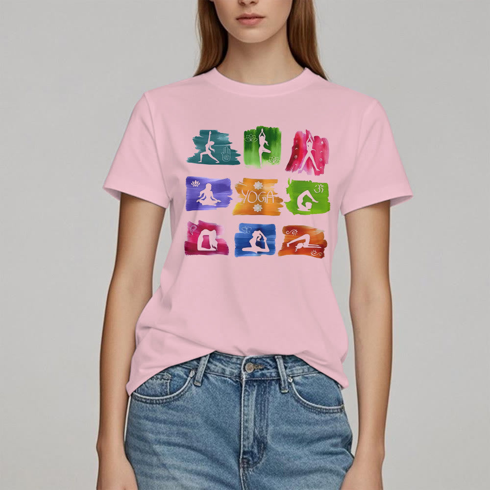 Camiseta con estampado colorido de poses de yoga de Olivenorma