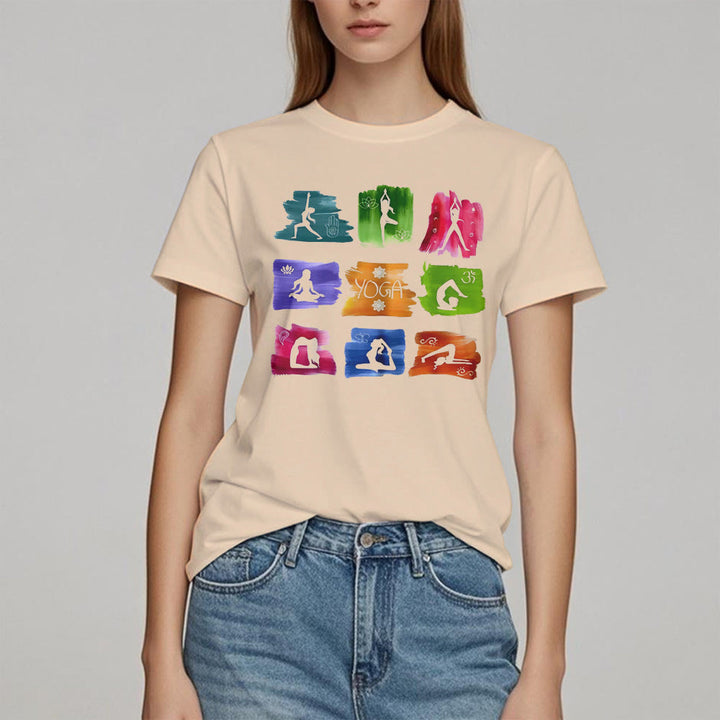 Camiseta con estampado colorido de poses de yoga de Olivenorma