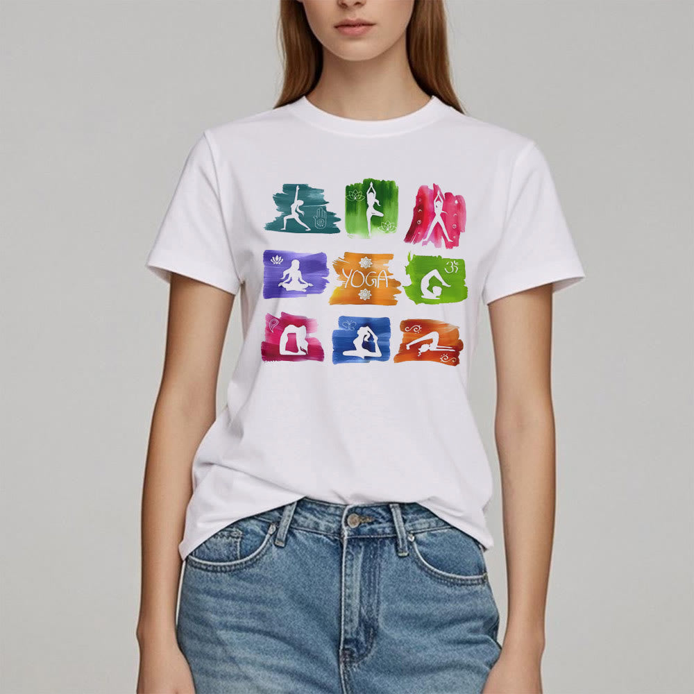 Camiseta con estampado colorido de poses de yoga de Olivenorma
