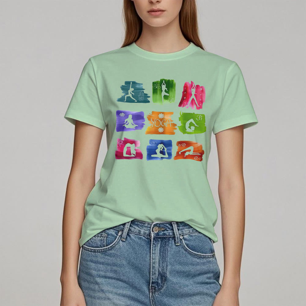 Camiseta con estampado colorido de poses de yoga de Olivenorma