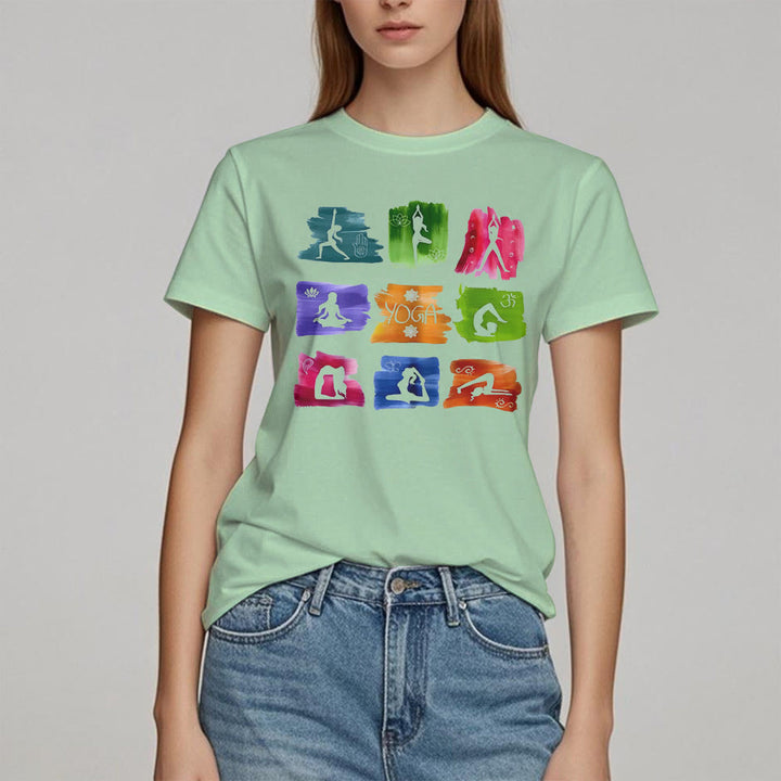 Camiseta con estampado colorido de poses de yoga de Olivenorma
